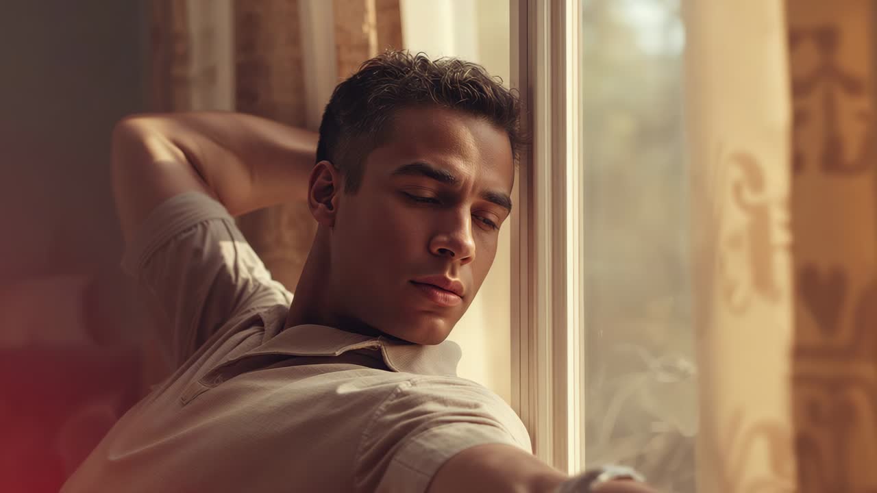 Sunlight nudging man awake, opening eyes, smiling at window with patterned curtains, collared shirt