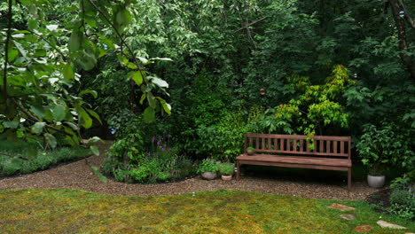 peaceful garden with wooden bench