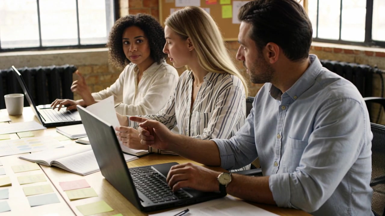 Gesturing center woman in business directing team at office table planning laptops and sticky notes