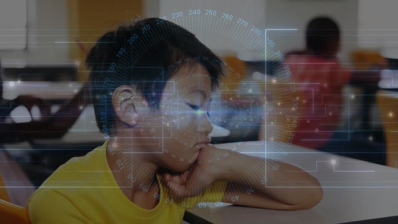 Girl raising pencil triggers camera focusing on boy shifting posture in classroom education scene