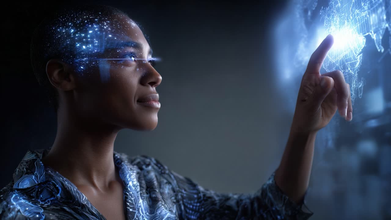 A visionary individual interacts with a digital interface, highlighting a blend of advanced technology and human connection in a futuristic setting