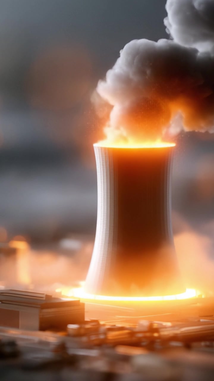 En intens og dramatisk skildring af en atomreaktor, der spyr flammer og røg, hvilket illustrerer atomenergiens kraftfulde og ofte farlige natur og dens indvirkning på miljøet.