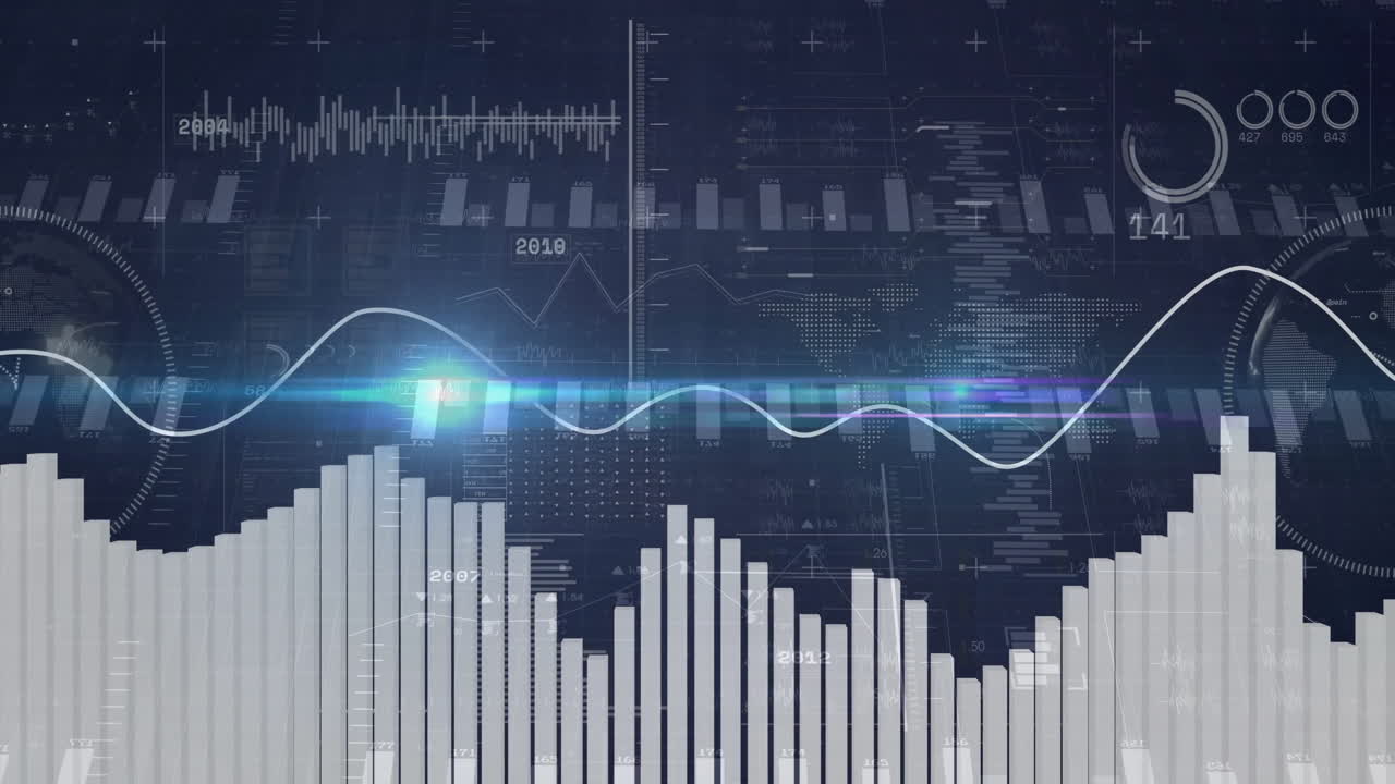 Animation of statistics and digital data processing over dark background