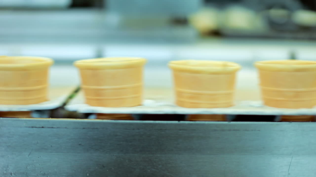 Lini produksi makanan. Lini pembuatan kerucut wafel. Cangkir wafel di konveyor