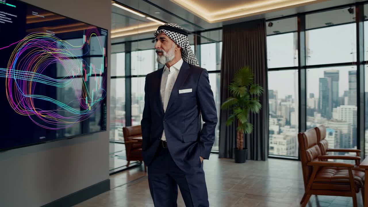 A man in a suit interacts with a digital display showing data visuals in a modern office