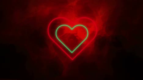 Animation-of-green-and-red-concentric-neon-hearts-flashing-on-black-with-red-smoke