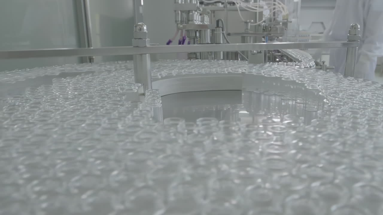 Inside industrial pharmaceutical factory, a skilled workforce of scientists, technicians collaborates to oversee, maintain automated production lines. Clean, sterile, efficient manufacturing process.