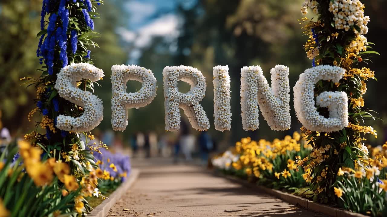 Spring blooms frame a sunlit path. Colorful flowers line the walkway's edges. Shimmering "SPRING" sign glows center stage. Soft light filters through the trees above. Vibrant petals echo renewal