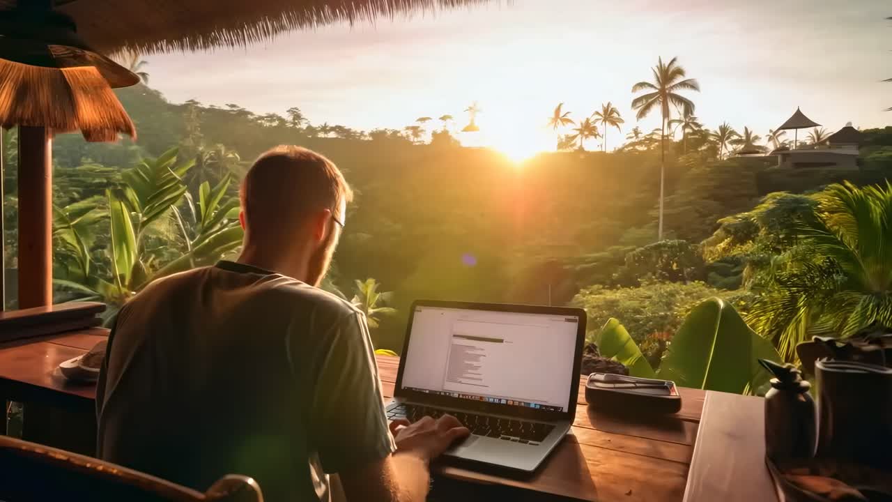 A man works on a laptop in a tropical setting, viewed from behind