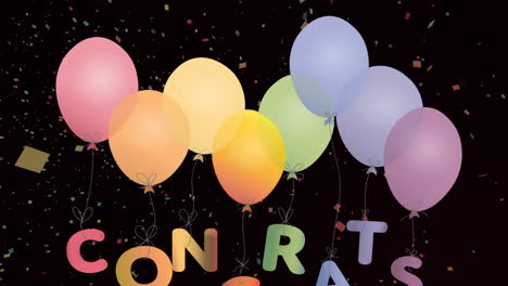 animación de felicitaciones texto, confeti y globos coloridos sobre fondo negro
