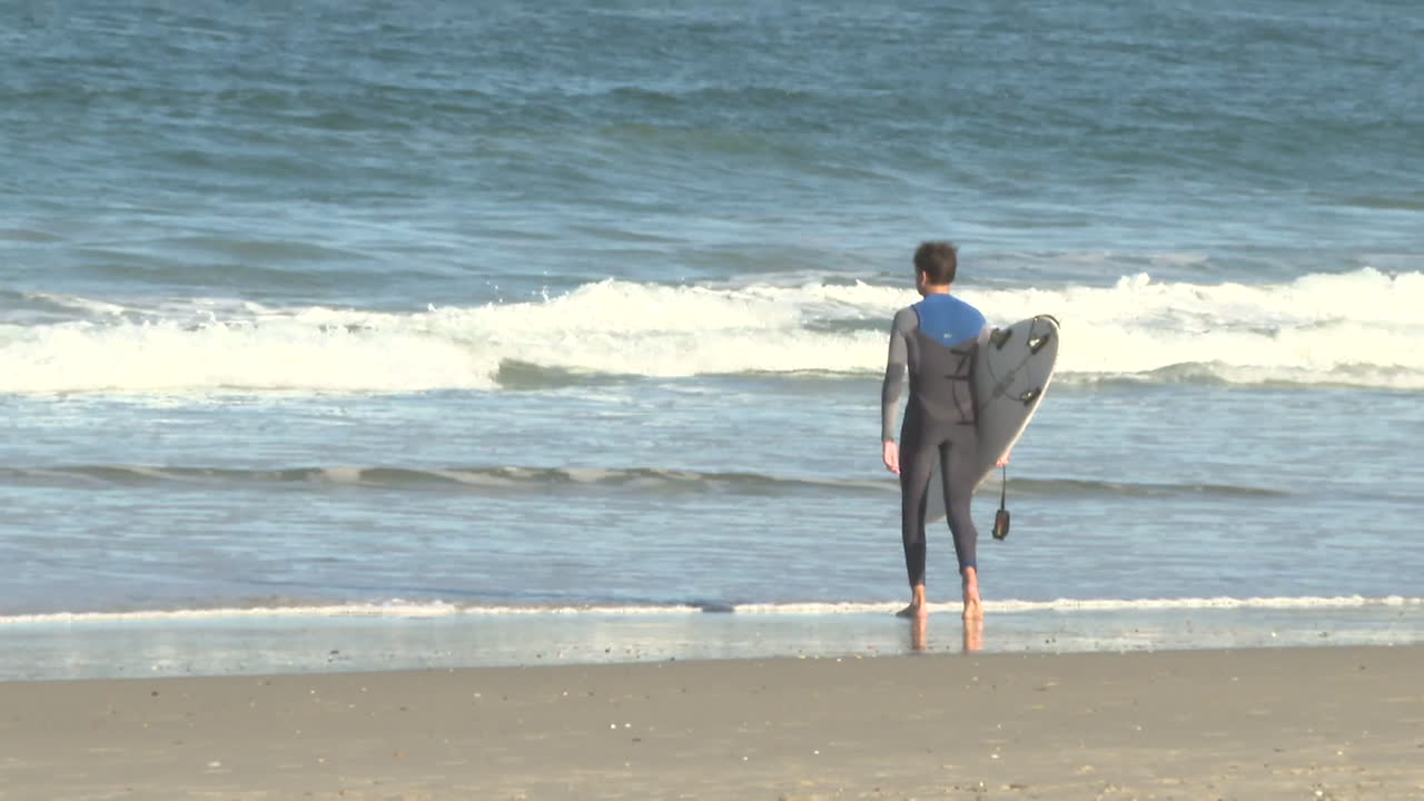 Surfer Walking Into Ocean Waves at Beach
