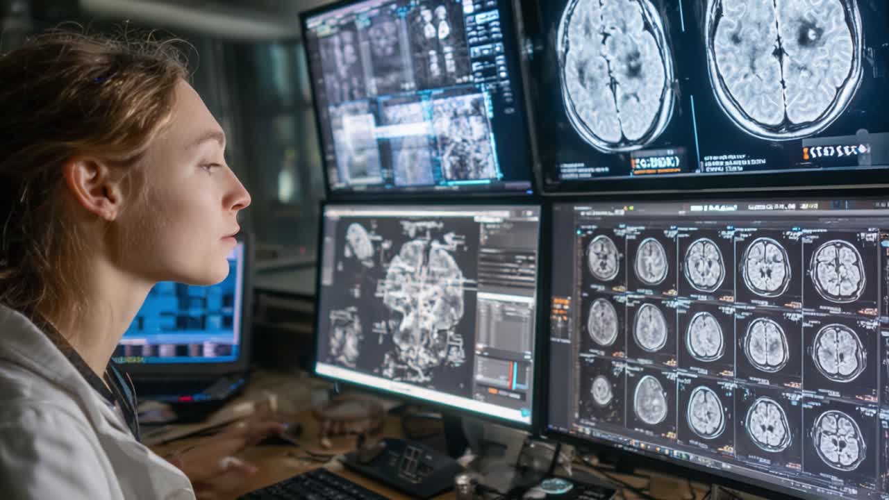 Focused Medical Professional Analyzing Brain Imaging Data on Multiple Monitors in a High-Tech Medical Environment, Highlighting Precision and Diagnostic Expertise