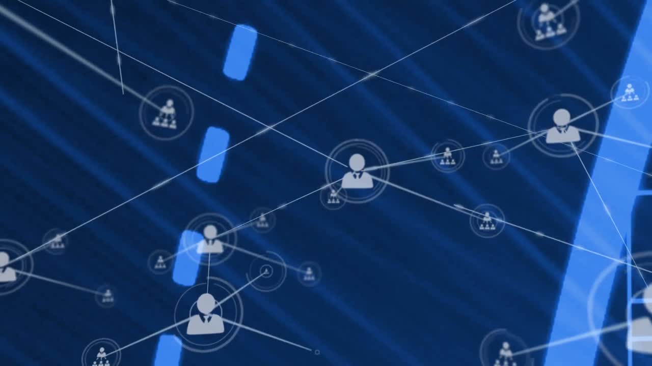 animación de redes de conexiones con iconos sobre fondo azul