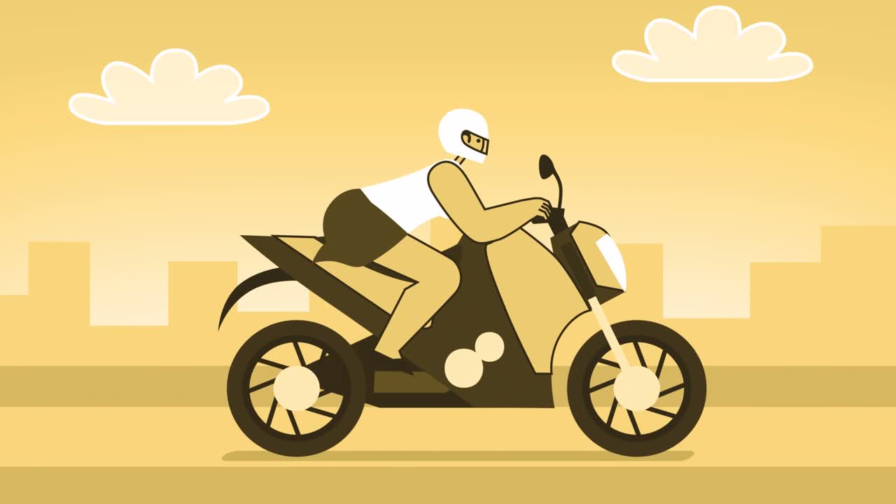 노란색 스타일의 여성 평평한 캐릭터가 오토바이를 타고 있습니다. 알파와 함께 고립된 루프 애니메이션