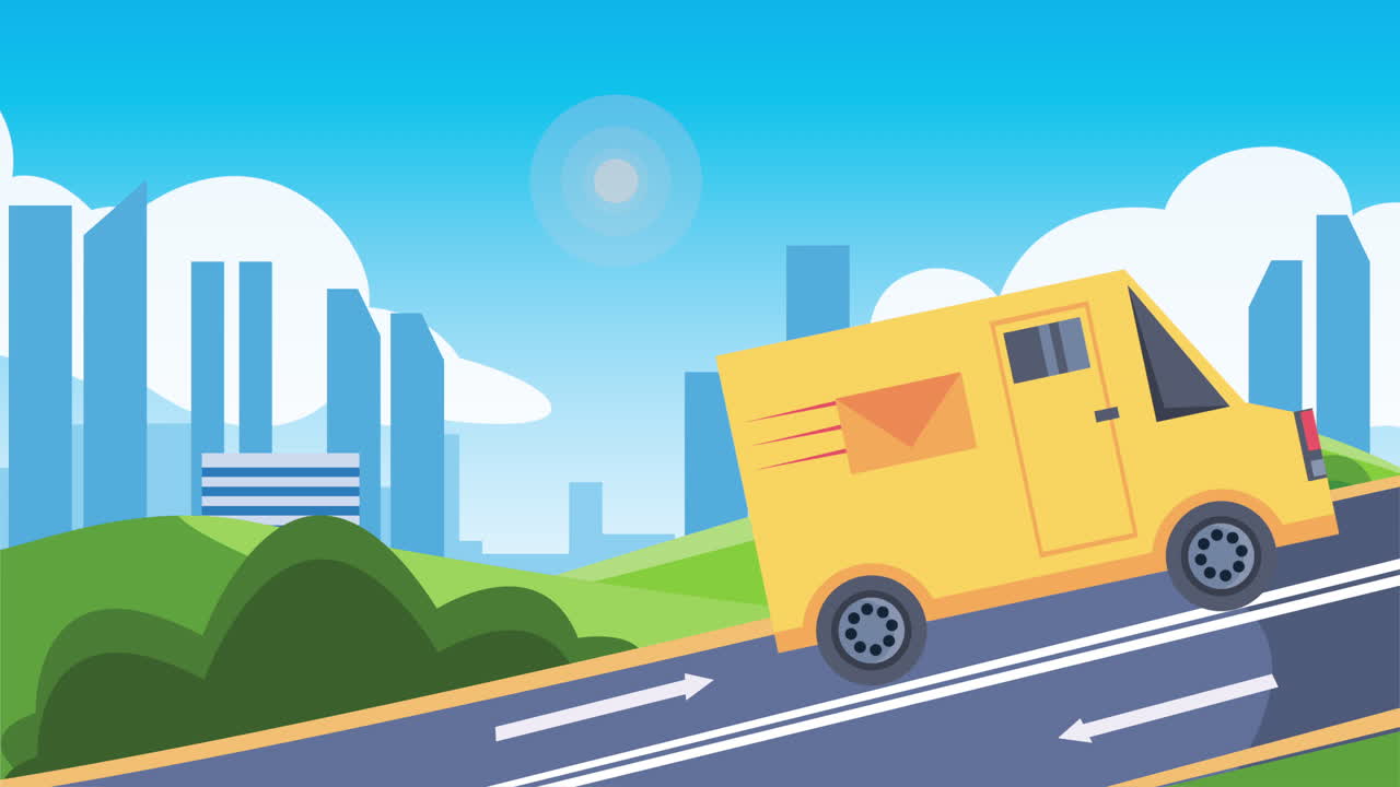 배달 서비스 우편 밴 도로 및 애니메이션