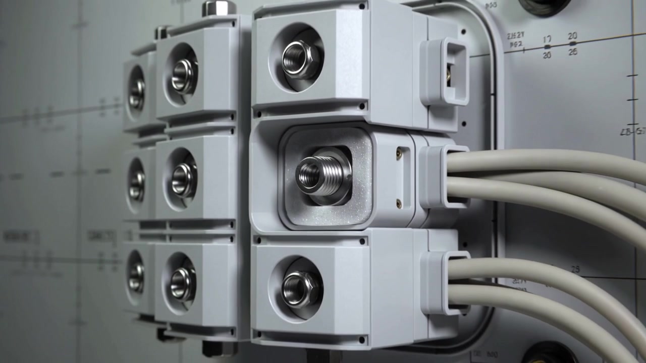Pulling back, camera revealing threaded connector in block on panel for testing with bundled cables