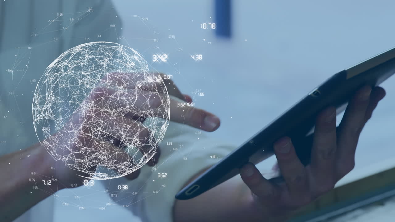 animación del globo con números sobre un hombre de negocios caucásico que usa una tableta