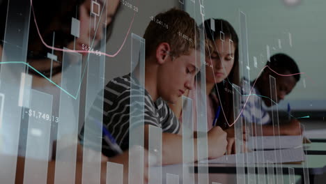 animation of data processing and diagrams over diverse students writing test in classroom