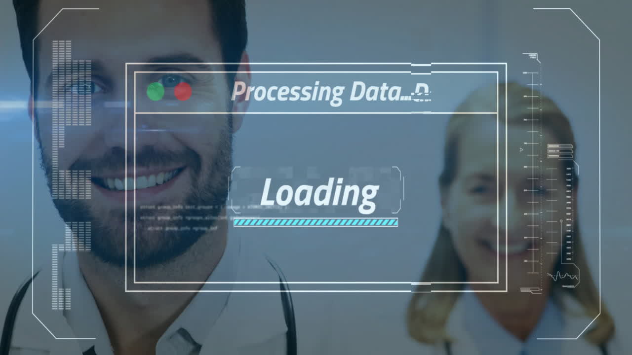 Processing data and loading animation over smiling medical professionals in hospital