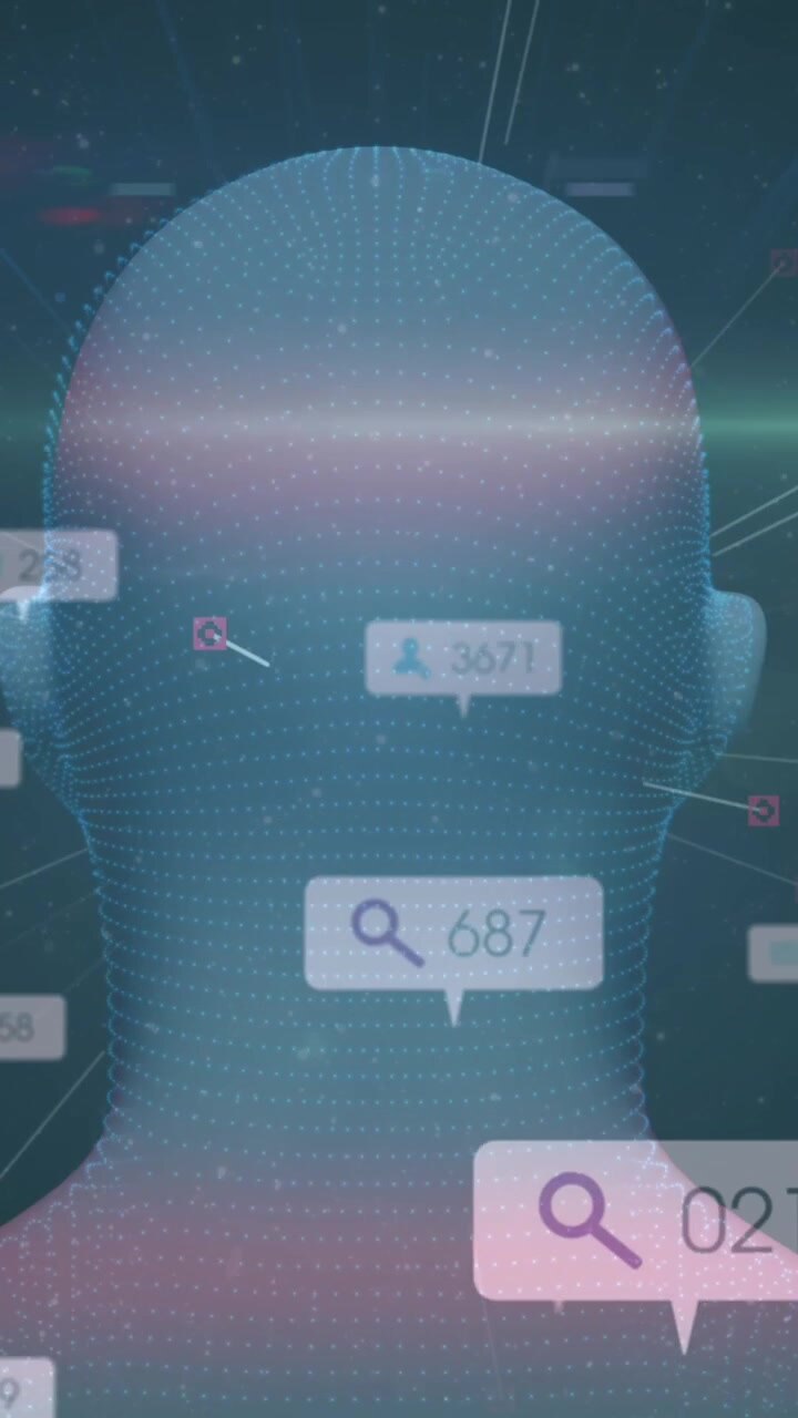 Animazione di icone di social media su banner sopra una testa umana