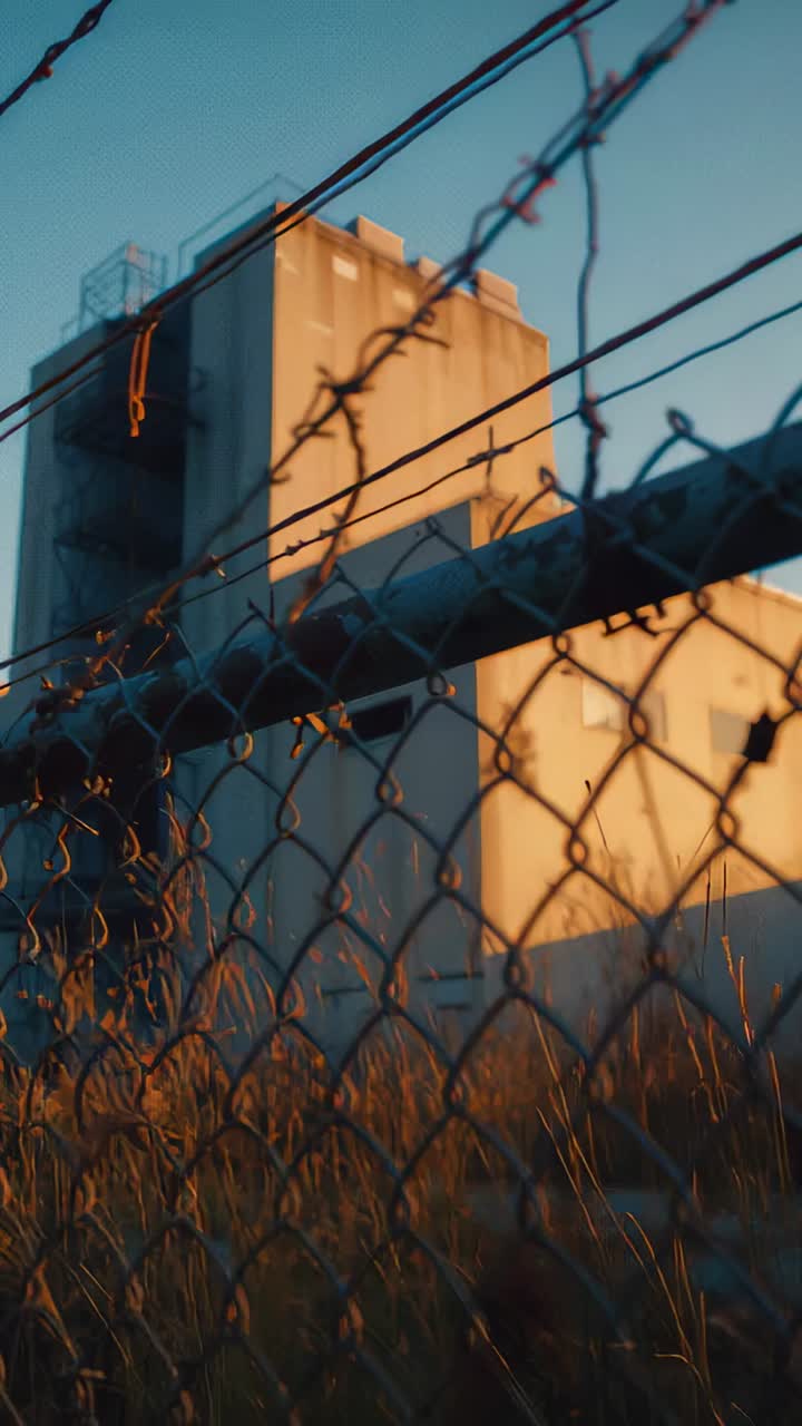 Vertical video: Panning low camera revealing industrial tower at fenced lot with chainlink fence