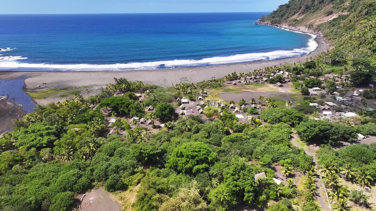 Beautiful aerial of Sulphur Bay and Ipikil village in Tanna volcanic island in Vanuatu.