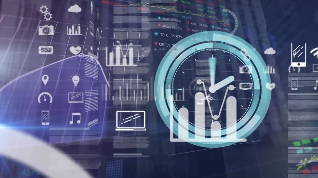 animación del movimiento del reloj y el procesamiento de datos sobre fondo azul