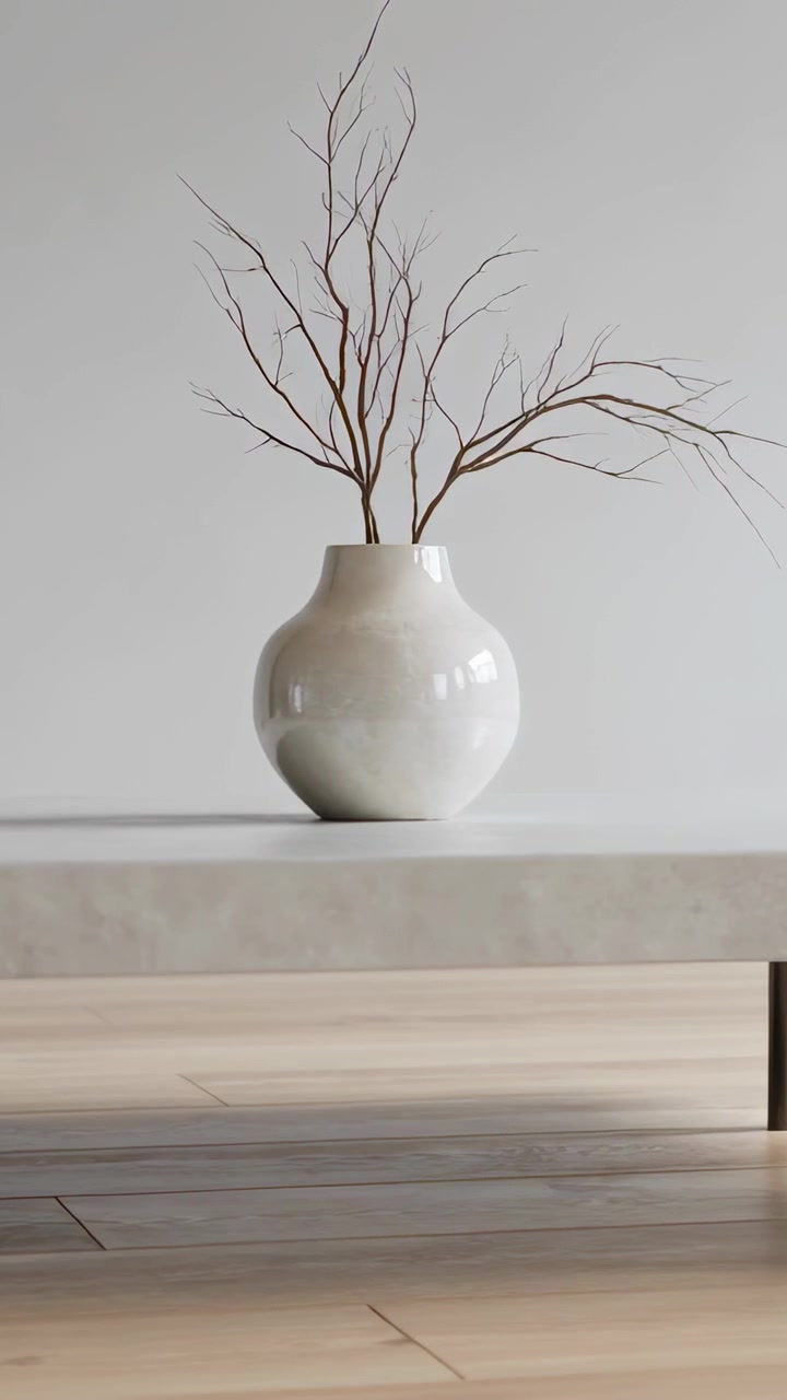 Vídeo vertical: Câmera panorâmica descendo para revelar um vaso creme sobre a mesa em casa com galhos secos.