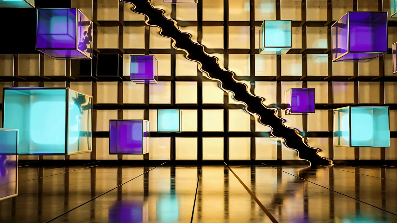 Cubi ciano-viola che fluttuano con una rampa nera che si avvicina a una galleria, mentre la telecamera si sposta con un carrello mostrando un pavimento a specchio.