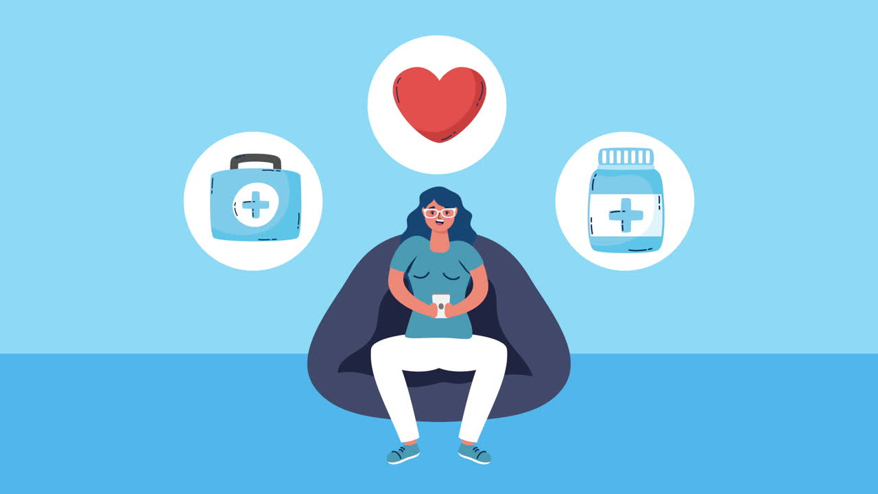 의료 관련 아이콘을 가진 전화를 사용하는 여성