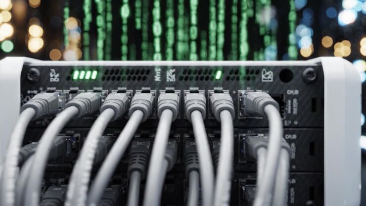 Un hub di rete illuminato da codice binario: esplora la connettività high-tech e l'elaborazione dei dati in un ambiente server futuristico.