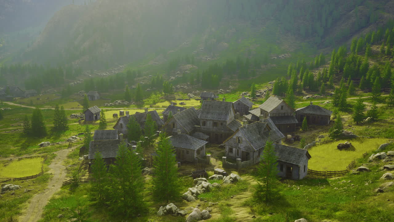Historic village nestled in lush mountains showcasing natures tranquility
