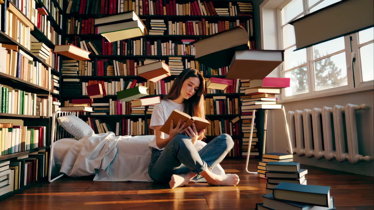 mujer leyendo en una biblioteca de libros flotante