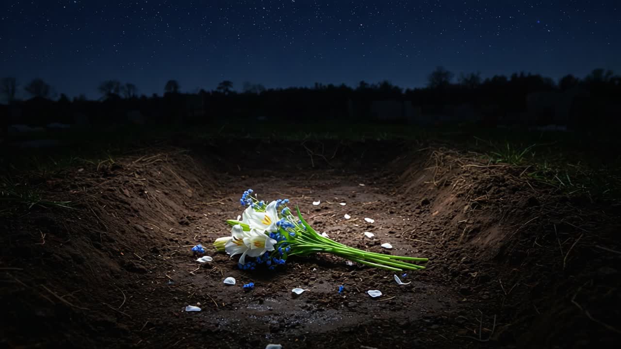 A Serene Floral Tribute Resting in a Grave During a Night Under the Stars Symbolizing Loss and Remembrance in a Quiet Cemetery Setting