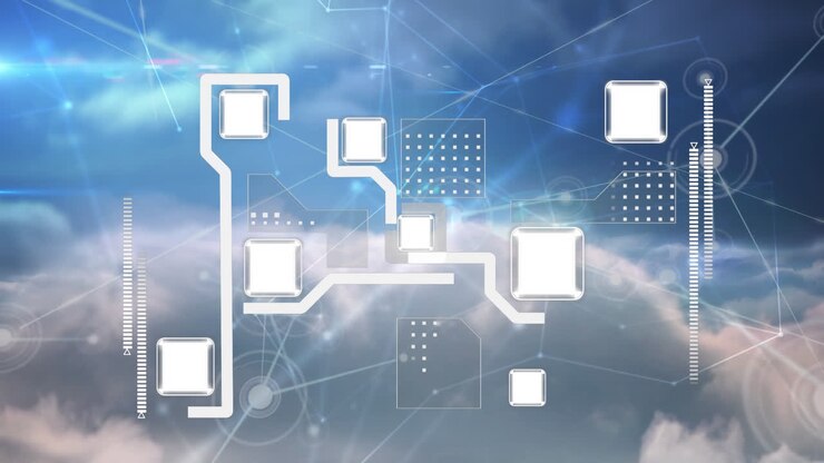 Animation of data processing and network of connections over clouds