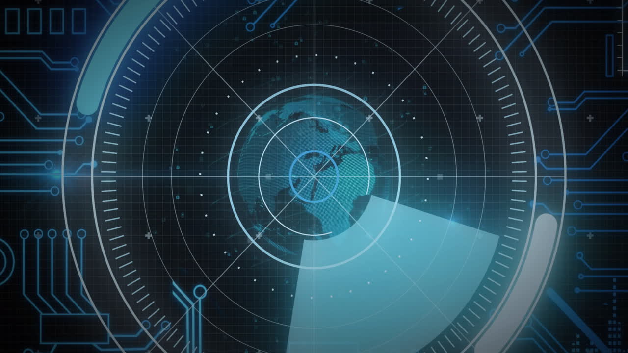 Animation of futuristic radar interface scanning digital globe with blue elements