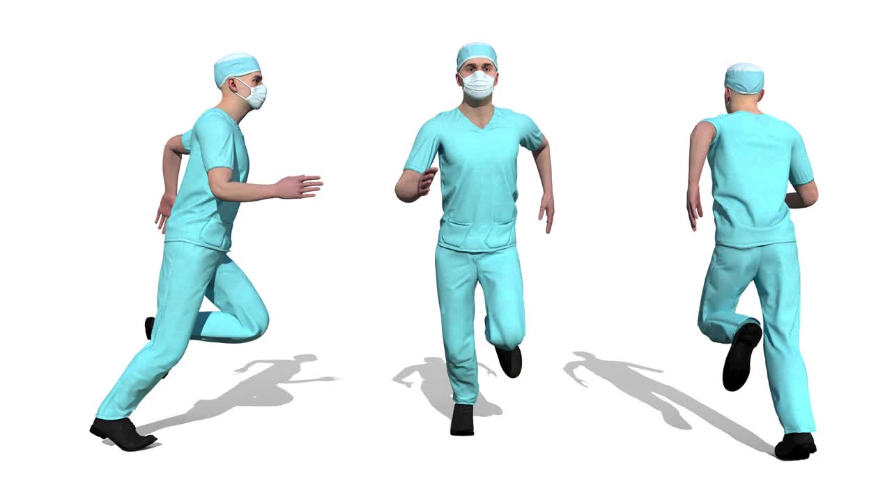 마스크를 입은 의사가 카메라를 향해 달려갑니다. 3d 렌더링.