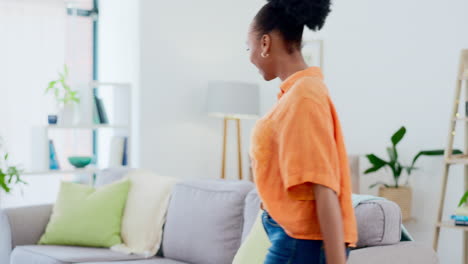 Cleaning,-pillow-and-relax-with-black-woman