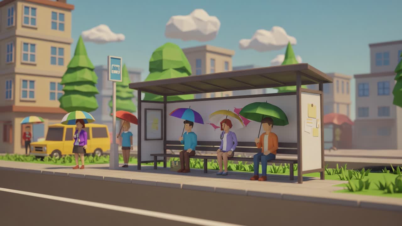 A Charming Animated Scene of Colorful Umbrellas at a Bus Stop, Depicting People Waiting for Transportation Under a Bright Sky Full of Fluffy Clouds