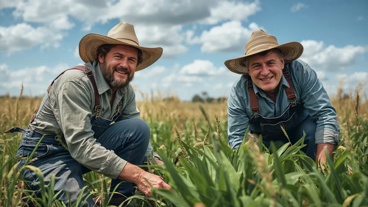 Due agricoltori che camminano tra le file di coltivazioni, inginocchiati, che ispezionano lo stato di salute delle piante, con cappelli di paglia e tute da lavoro