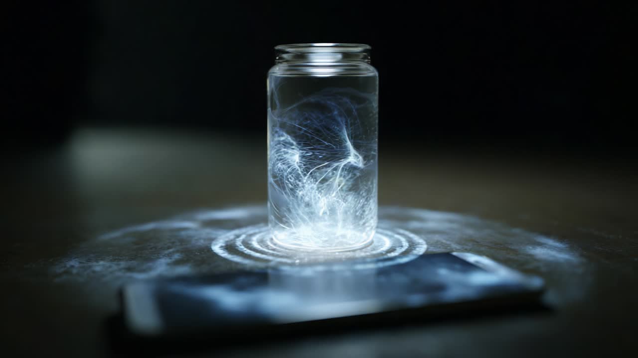 A luminous jar captures ethereal energy patterns, creating an enchanting glow that radiates interactions with a nearby smartphone, showcasing mesmerizing visual effects in a darkened ambiance
