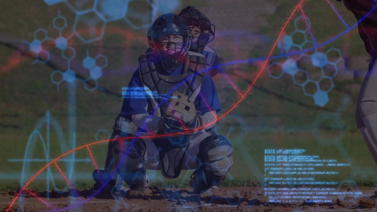 Female catcher bracing for pitch, initiating tech overlays mapping trajectory and analyzing motion