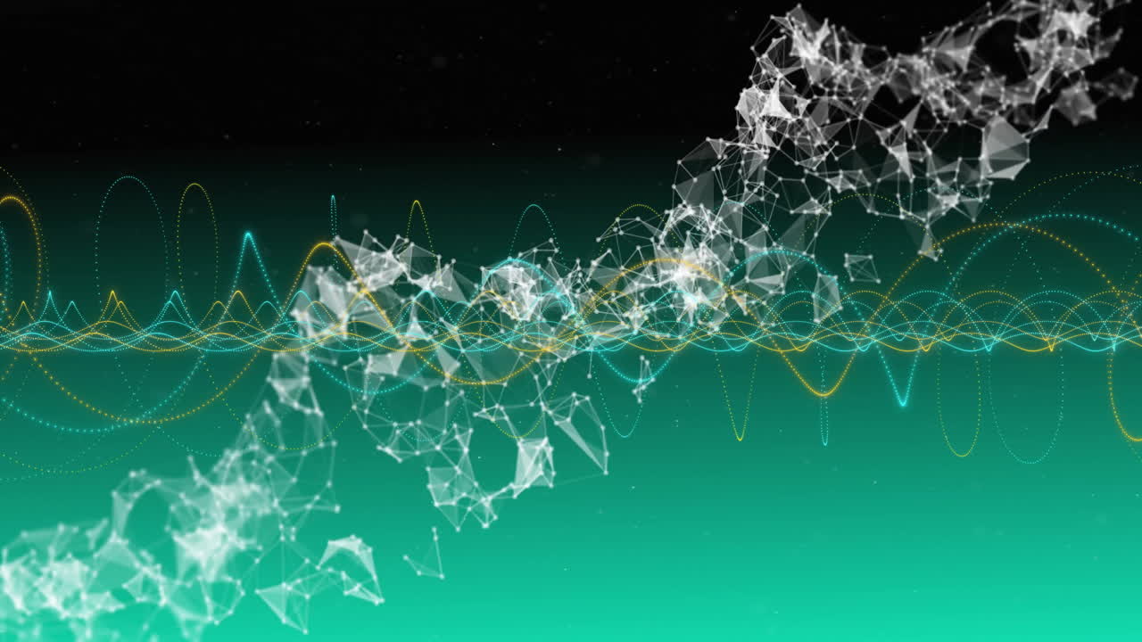 Animation of abstract geometric shapes and waveforms forming digital network pattern