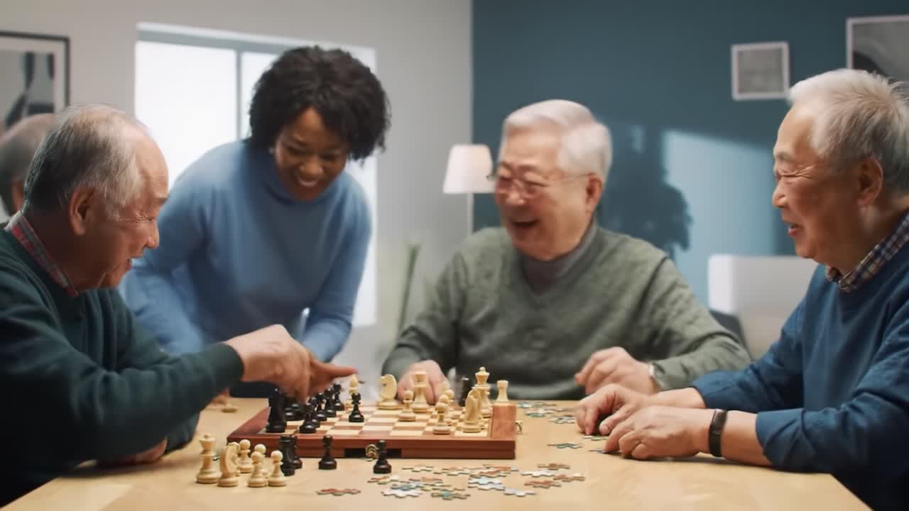A Spirited Chess Match Among Friends: Heartwarming Moments Captured as Seniors Engage in Friendly Competition and Lively Conversation Over the Chessboard
