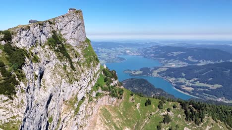 360 degrees seamless looped aerial panorama of schafberg viewpoint in salzkammergut, upper austria.