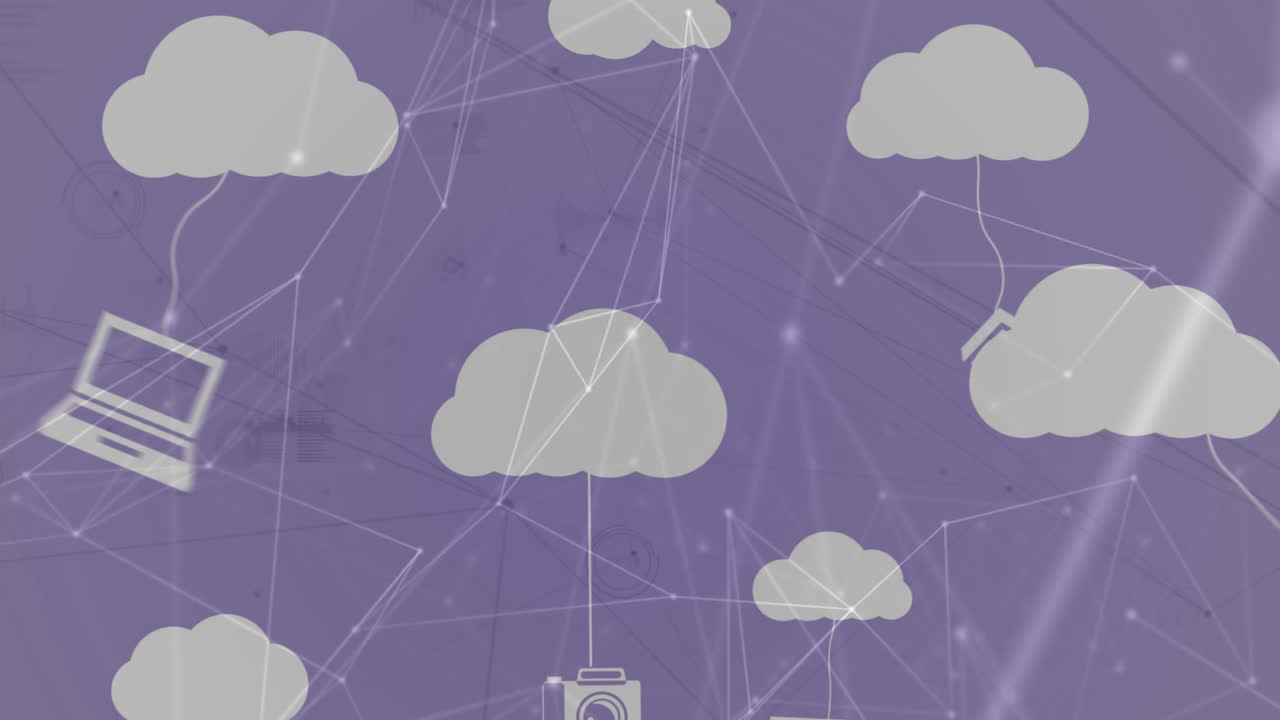 Animation of clouds and digital icons with network of connections