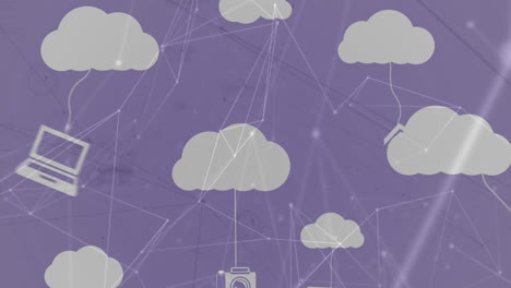 animación de nubes e iconos digitales con red de conexiones