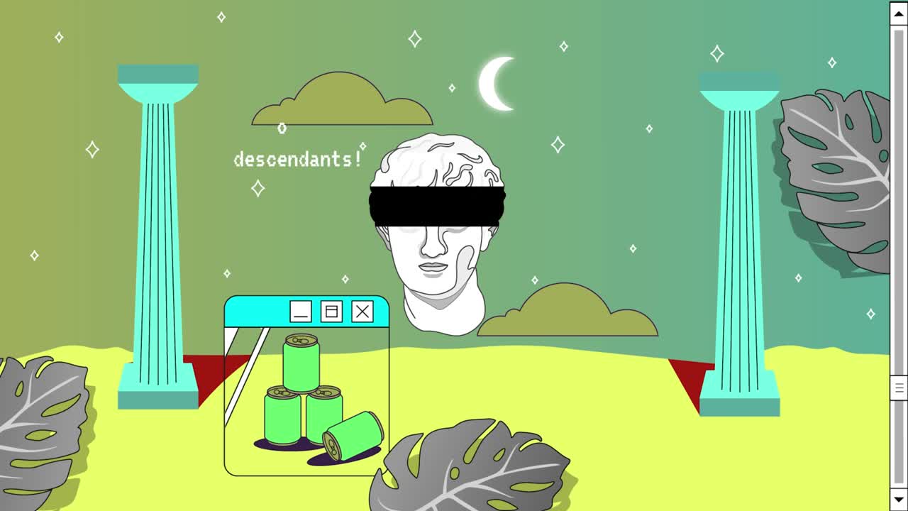 Retro Vaporwave Poster With User Interface Elements and Vintage Illustrations. Abstract Cartoon Roman Antique Statue. Gradient Trendy Background. 2D Animation.