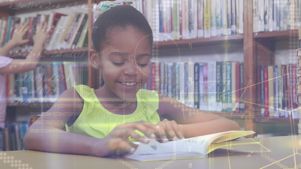 Geometrical shapes and mathematical equations against african american girl reading book at library