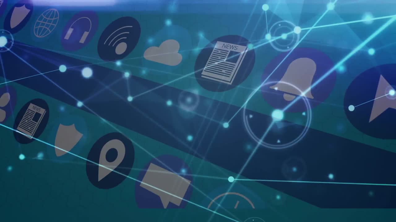 animación de la red de conexiones y múltiples iconos digitales contra un fondo azul